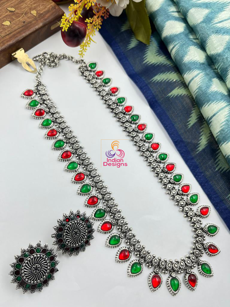 High Quality German Silver Oxidized Long Necklace Jewelry set | Indian Bollywood Necklace | Antique Silver Long Necklace
