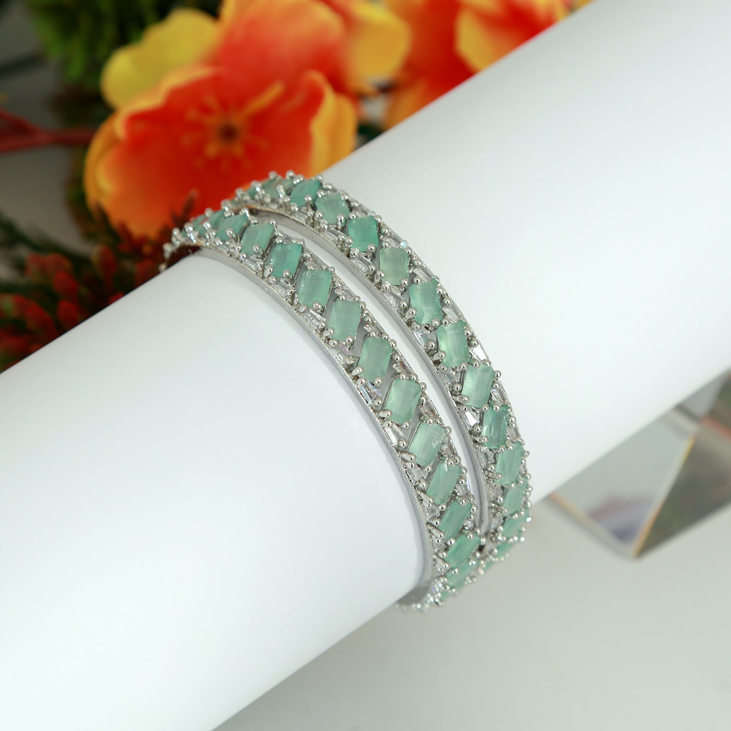 Pair of 2.6 Size Silver Mint green stone Floral design Bangles | American Diamond CZ stone Bangles | Indian Bollywood bangles |Gift for her