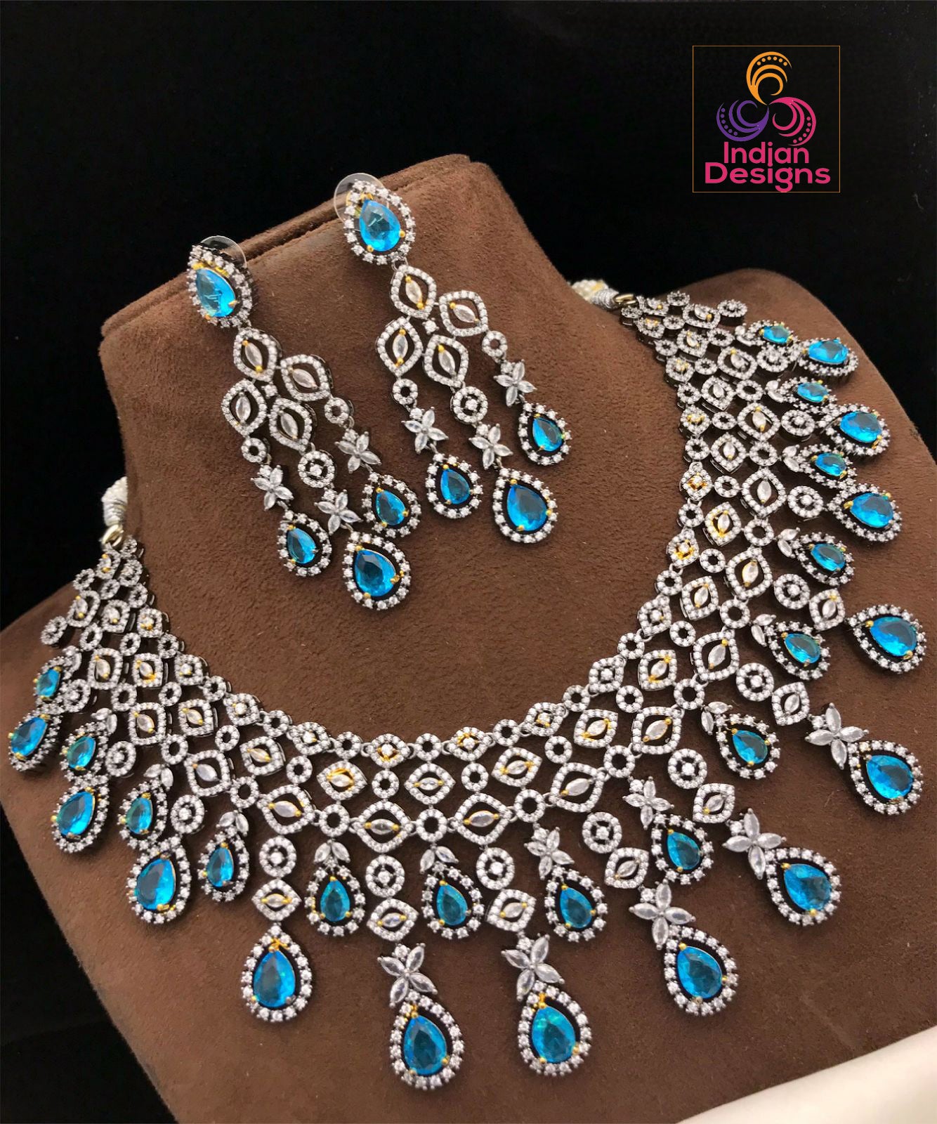 Luxury Victorian Finish American Diamond Wedding Jewelry | Statement Necklace | Indian Bollywood Style CZ Diamond Choker set | Gift for her