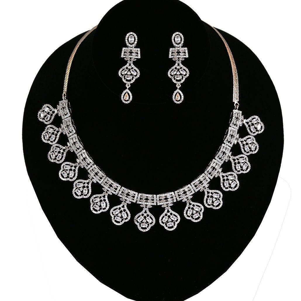 Rhodium Plated Indian American Diamond Cubic Zirconia CZ Bridal Necklace with Matching Eardrops