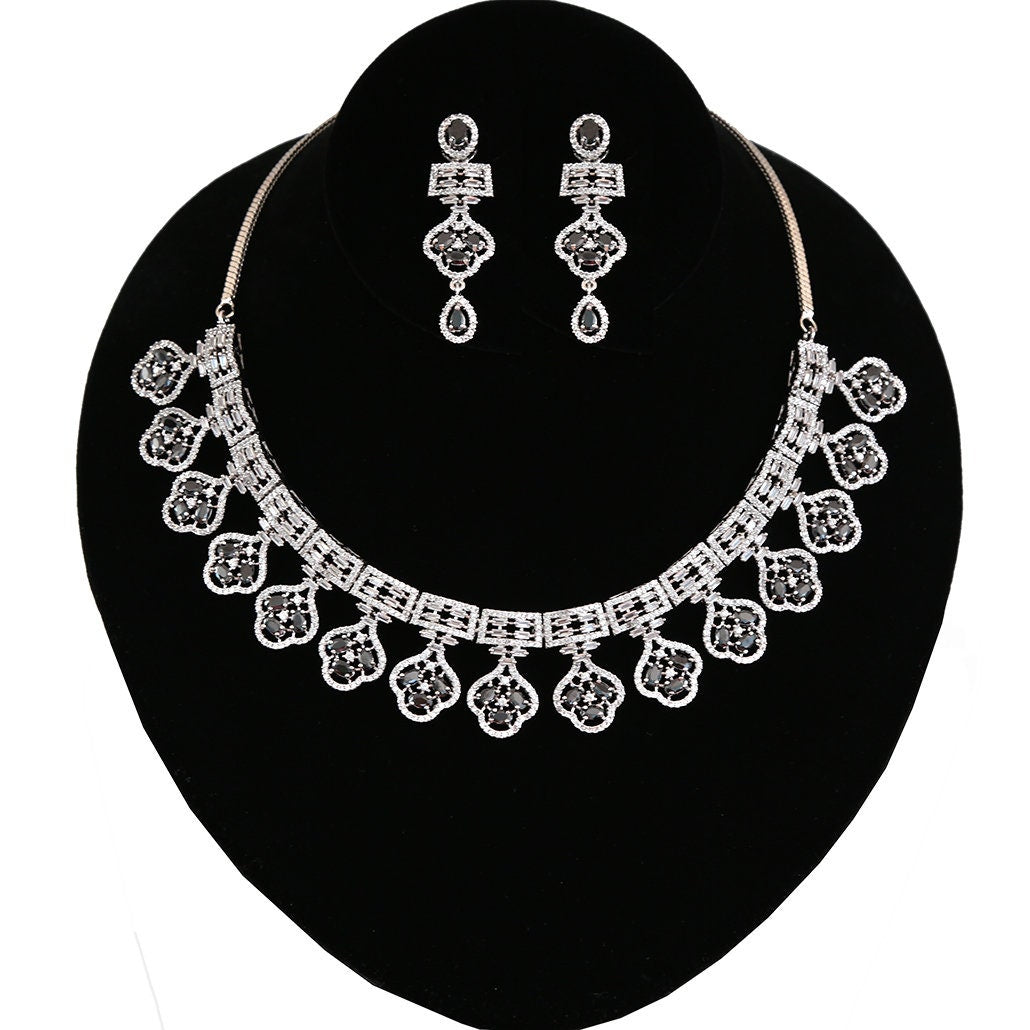 Rhodium Plated Indian American Diamond Cubic Zirconia CZ Bridal Necklace with Matching Eardrops