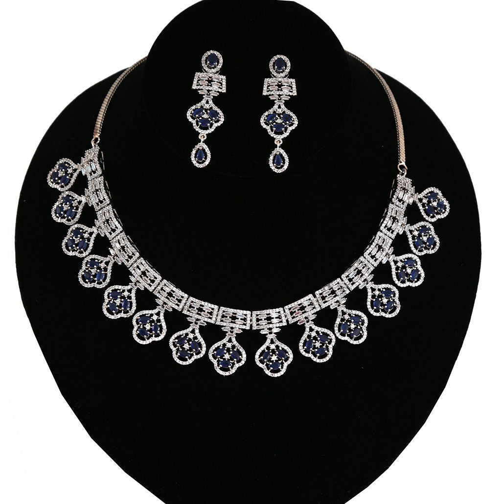 Rhodium Plated Indian American Diamond Cubic Zirconia CZ Bridal Necklace with Matching Eardrops