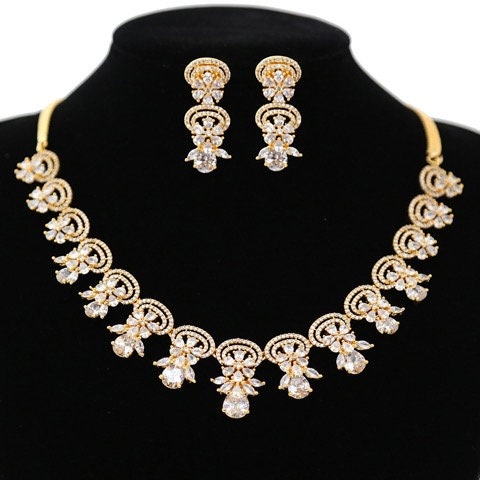 Gold Plated CZ Diamond Necklace| American Diamond Wedding Statement Necklace| Indian Jewelry| High fashion Necklace Earrings| Gift for her
