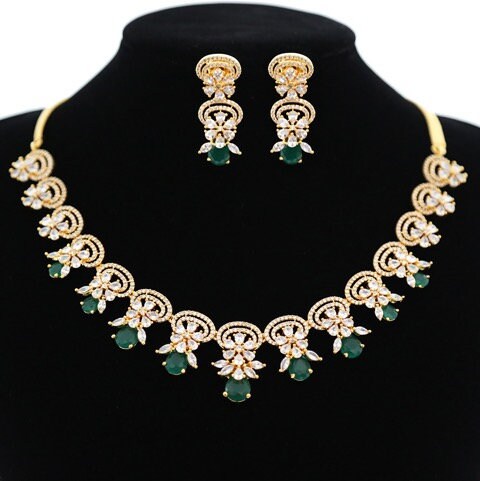 Gold Plated CZ Diamond Necklace| American Diamond Wedding Statement Necklace| Indian Jewelry| High fashion Necklace Earrings| Gift for her