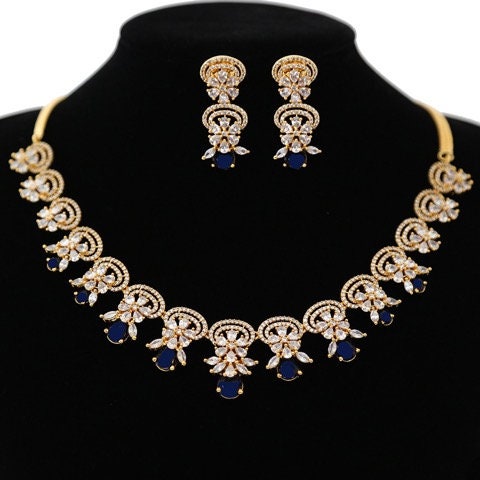 Gold Plated CZ Diamond Necklace| American Diamond Wedding Statement Necklace| Indian Jewelry| High fashion Necklace Earrings| Gift for her