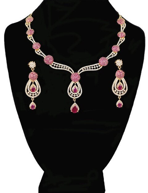 Beautiful Women's Fashion Jewelry American Diamond Accent Necklace and Earrings with pink,Green,White stones