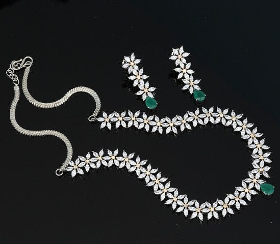 Traditional designer wedding wear cubic zirconia floral design choker necklace