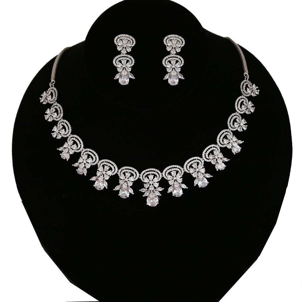 Floral Teardrop Art Deco White CZ Cubic Zirconia Necklace Earrings Jewelry|American Diamond Jewelry