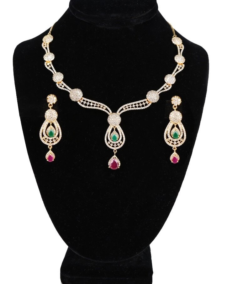 Beautiful Women's Fashion Jewelry American Diamond Accent Necklace and Earrings with pink,Green,White stones