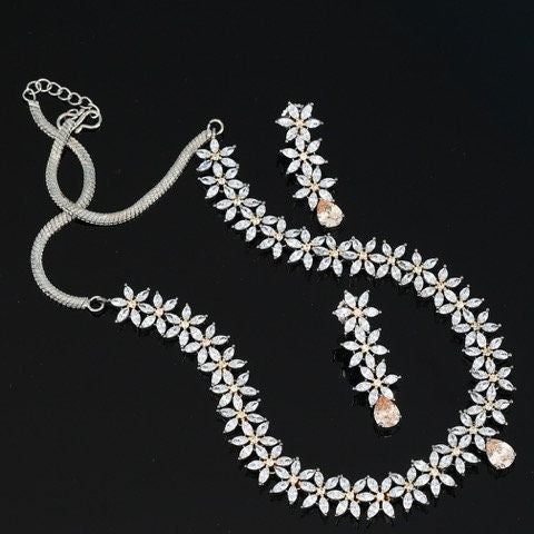 Traditional designer wedding wear cubic zirconia floral design choker necklace