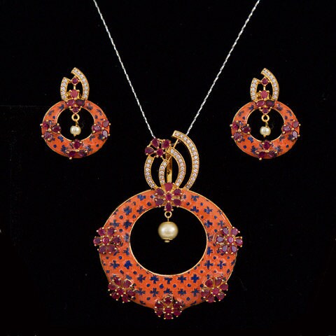 Exclusive Meenakari Pearl Gold Plated Pendant Earring Set/Bridal fashion CZ pendant Earrings