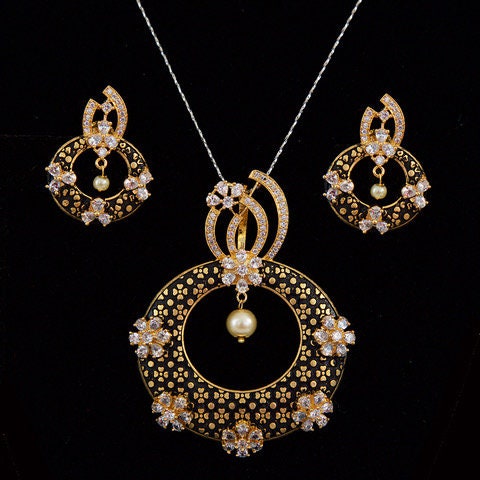 Exclusive Meenakari Pearl Gold Plated Pendant Earring Set/Bridal fashion CZ pendant Earrings