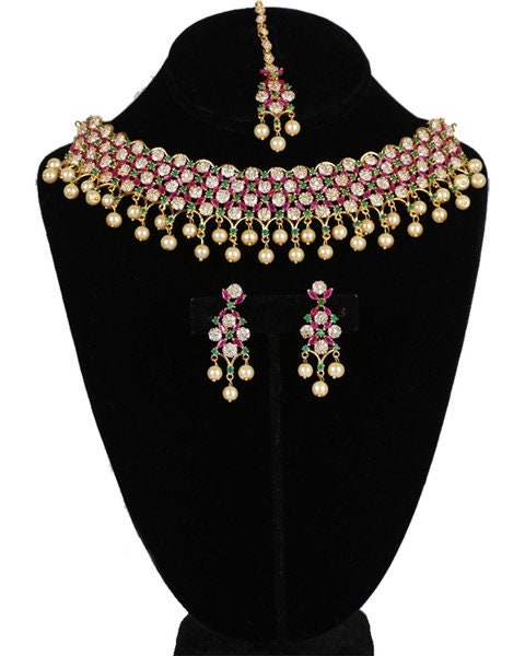 American Diamond bridal necklace set synthetic Ruby,Emerald,Sapphire Blue,Clear stones and faux pearls with matching Tikka