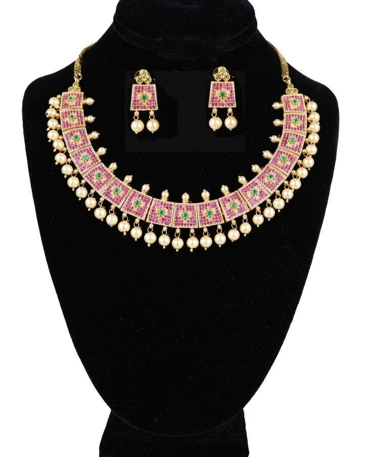 Stunning American Diamond CZ Bridal Necklace Set With Rubies and Pearls