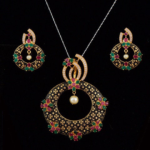 Exclusive Meenakari Pearl Gold Plated Pendant Earring Set/Bridal fashion CZ pendant Earrings