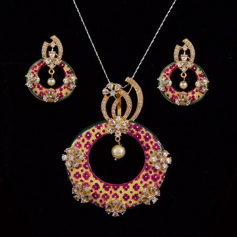 Exclusive Meenakari Pearl Gold Plated Pendant Earring Set/Bridal fashion CZ pendant Earrings