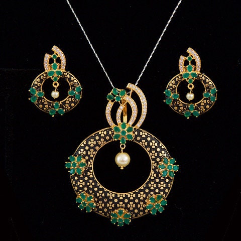 Exclusive Meenakari Pearl Gold Plated Pendant Earring Set/Bridal fashion CZ pendant Earrings