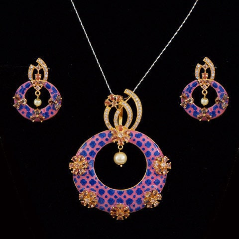 Exclusive Meenakari Pearl Gold Plated Pendant Earring Set/Bridal fashion CZ pendant Earrings