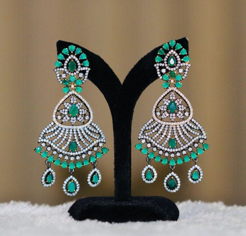 Two Tone Silver Golden Plated Antique Finish Oxidized Earrings with Clear Stones