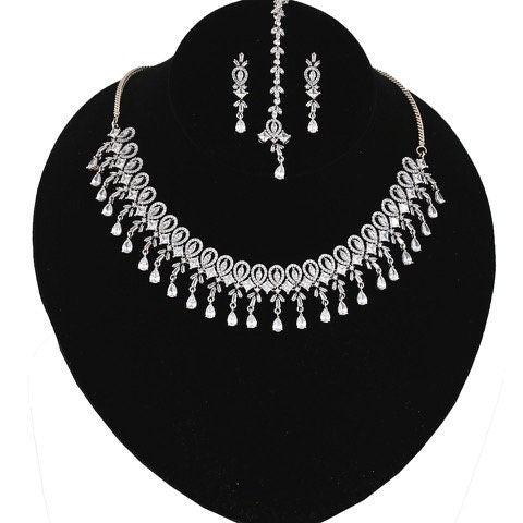 Emerald Ruby and White American Diamond studded Rhodium Plated Wedding Bridal Jewelry CZ Set
