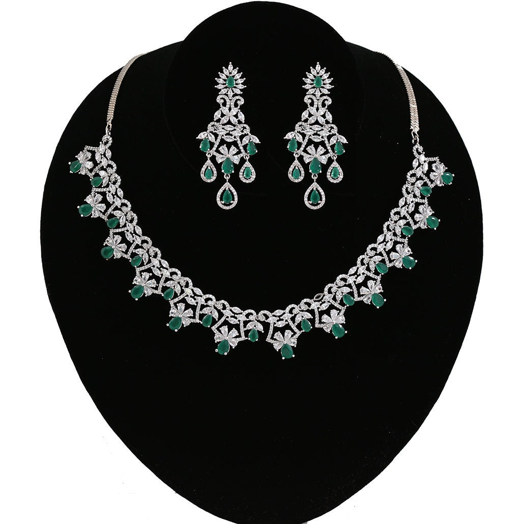 Wedding Bridal Fashion Rhodium Plated White Crystal Flower Zircon Necklace