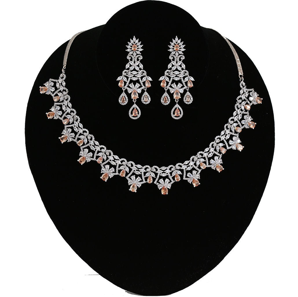 Wedding Bridal Fashion Rhodium Plated White Crystal Flower Zircon Necklace