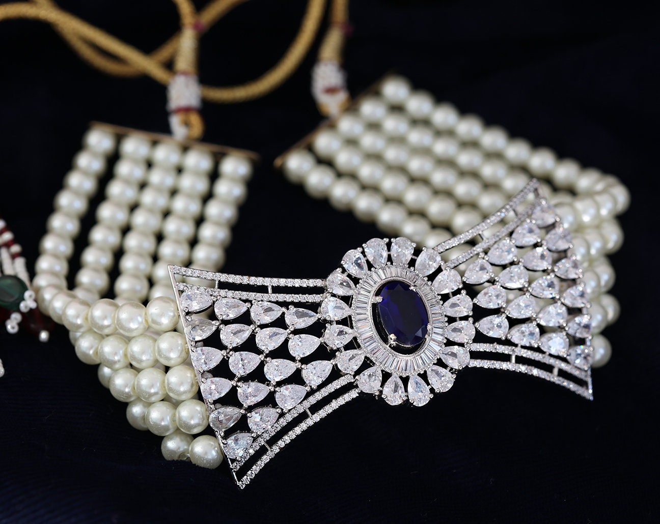 Five Strand Faux Pearls Necklace with Blue CZ Rhinestone Studded Large Centerpiece