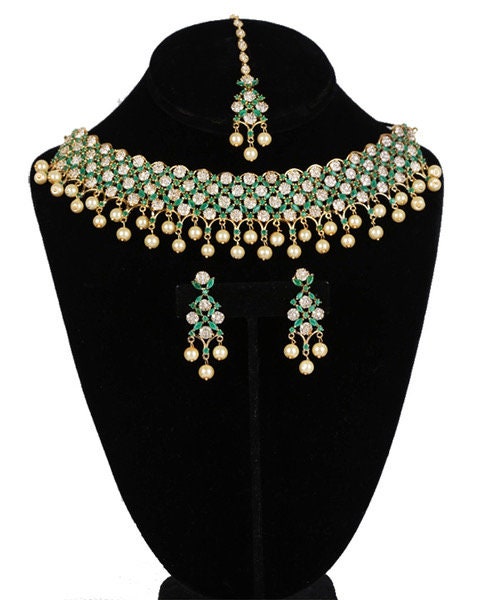 American Diamond bridal necklace set synthetic Ruby,Emerald,Sapphire Blue,Clear stones and faux pearls with matching Tikka