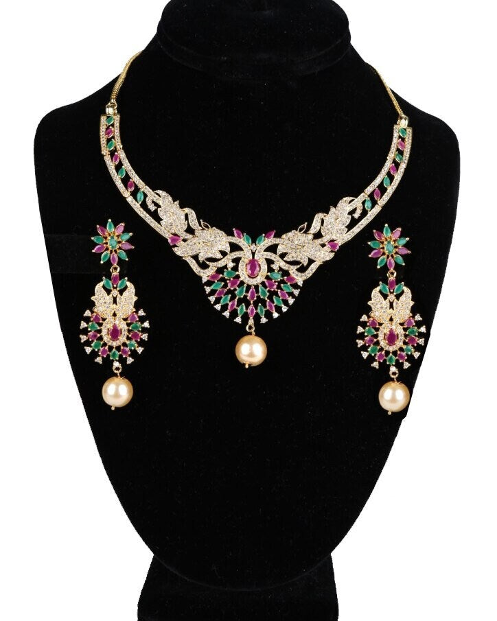Gold plated American Diamond Necklace Set| Lightweight Necklace Set| Indian/Pakistani Jewelry| CZ necklace| Statement Jewelry| Gift for her