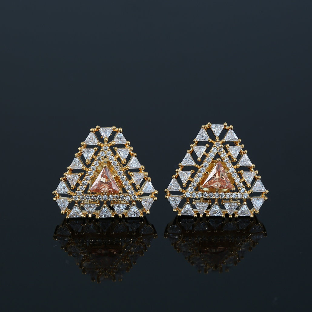 CZ Diamond Triangle Stud Earrings | 22K Gold Plated American Diamond White and Topaz stones Geometric Triangle Stud Earrings| Gift for her