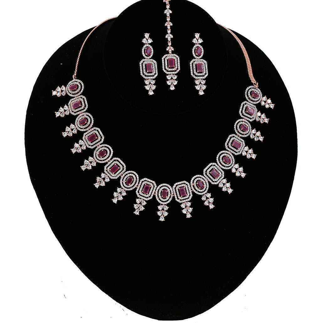 Rose Gold American Diamond Yellow Topaz Necklace Mang Tikka set |Wedding Gift| Stylish Bridal choker Jewelry|Emerald, Ruby and Topaz stones