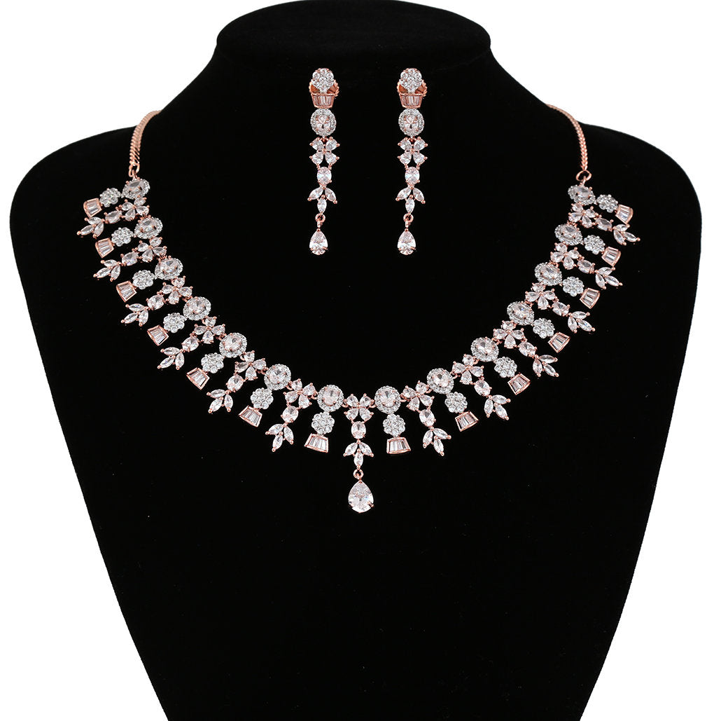 Rose Gold Ruby and White Crystal Necklace Set| American Diamond Wedding Jewelry| Statement Necklace| Indian Jewelry|Valentine's Gift for her
