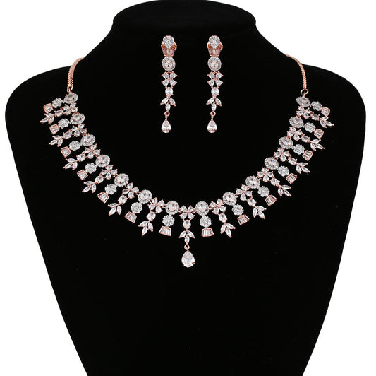 Rose Gold Ruby and White Crystal Necklace Set| American Diamond Wedding Jewelry| Statement Necklace| Indian Jewelry|Valentine's Gift for her