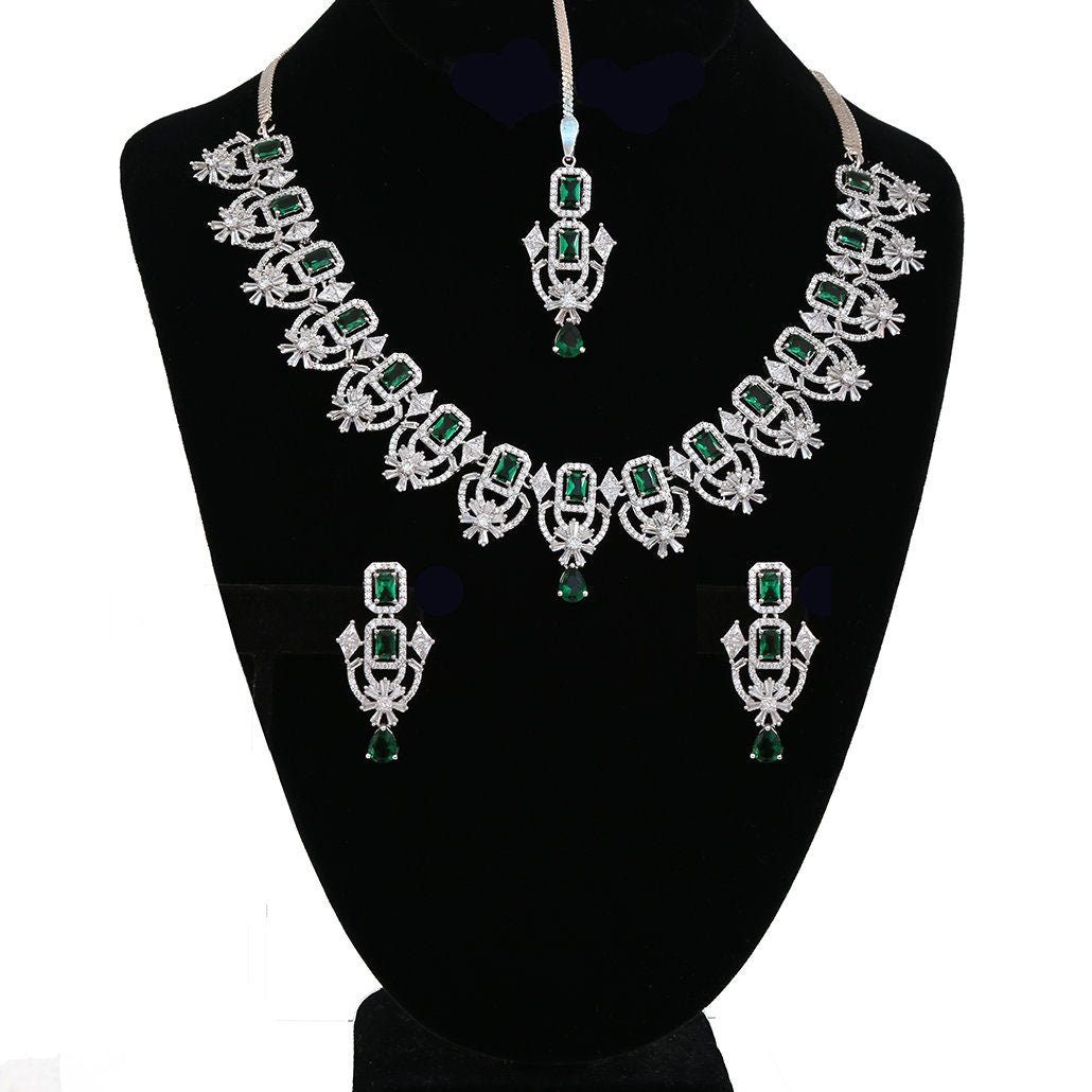 American Diamond Silver/Rhodium Plated CZ Mint/Pink/Green/Ruby Diamond Necklace maang tikka set |Indian/Pakistani Wedding Party wearJewelry