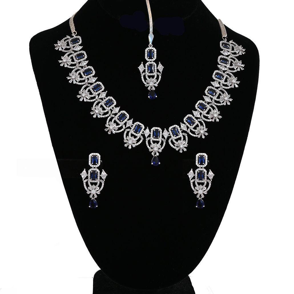 American Diamond Silver/Rhodium Plated CZ Mint/Pink/Green/Ruby Diamond Necklace maang tikka set |Indian/Pakistani Wedding Party wearJewelry