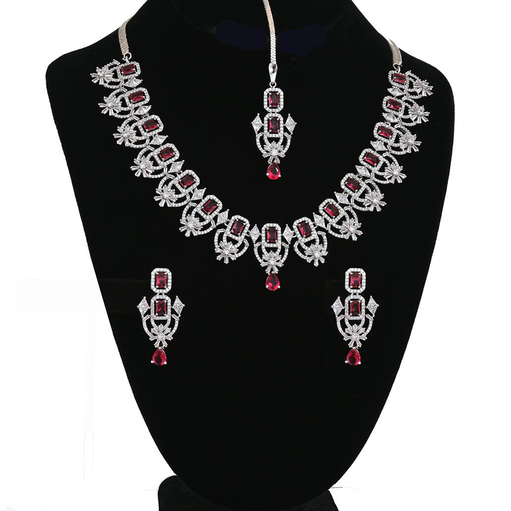 American Diamond Silver/Rhodium Plated CZ Mint/Pink/Green/Ruby Diamond Necklace maang tikka set |Indian/Pakistani Wedding Party wearJewelry
