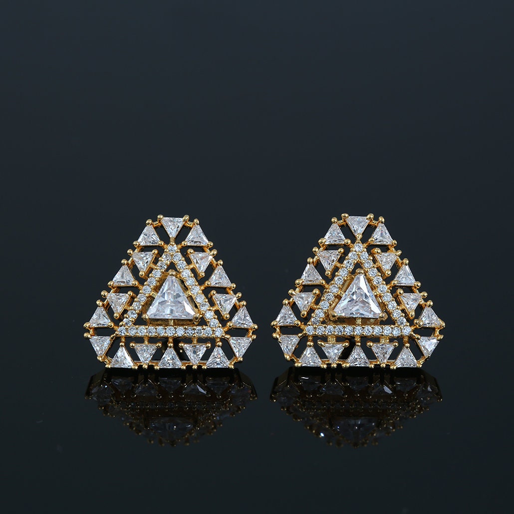 CZ Diamond Triangle Stud Earrings | 22K Gold Plated American Diamond White and Topaz stones Geometric Triangle Stud Earrings| Gift for her