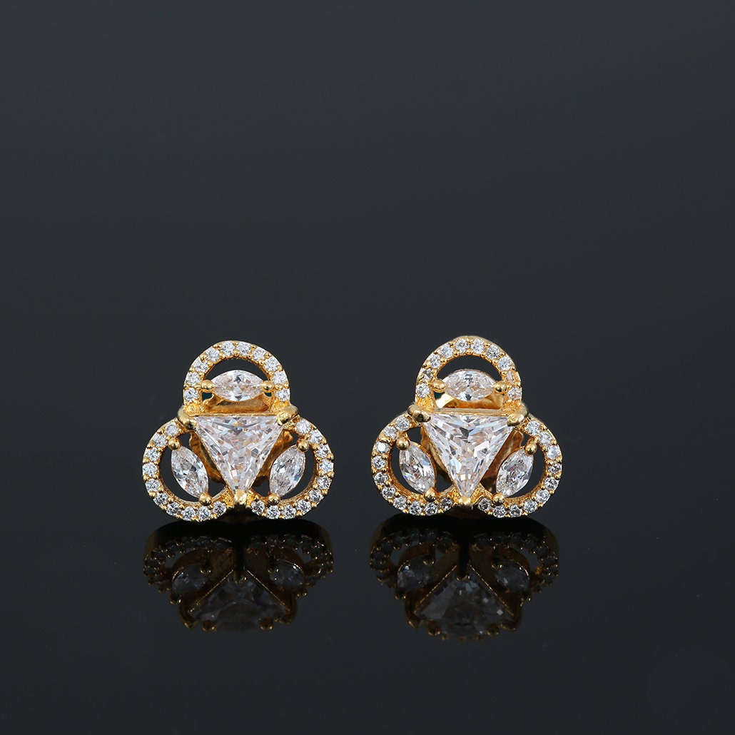 Three Petal Floral CZ stud Earrings Paved triangle stone at the Center/CZ Petal Mini Stud Earrings In 22k Yellow Gold for Women