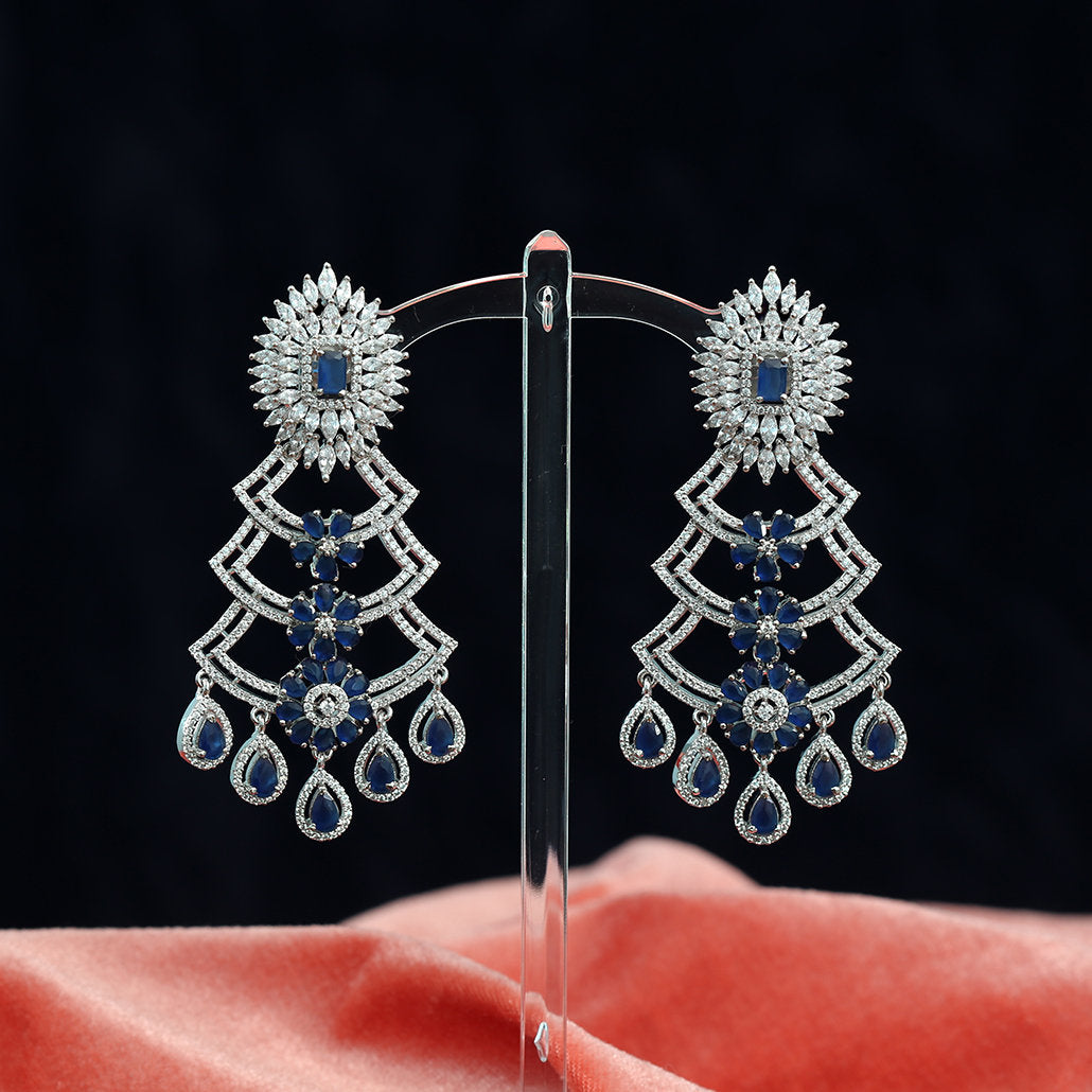 Blue Sapphire CZ Diamond Chandelier Earrings| Trendy Silver Statement Wedding Earrings| American Diamond Earrings| Indian/Pakistani Earrings