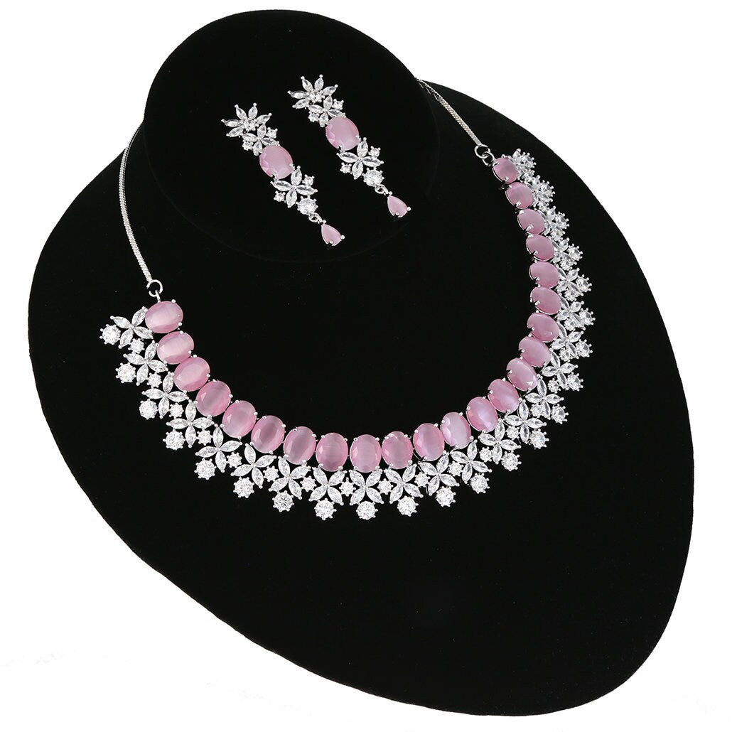 Baby Pink American Diamond Wedding jewelry in Silver Finish | Bollywood trendy fashion
