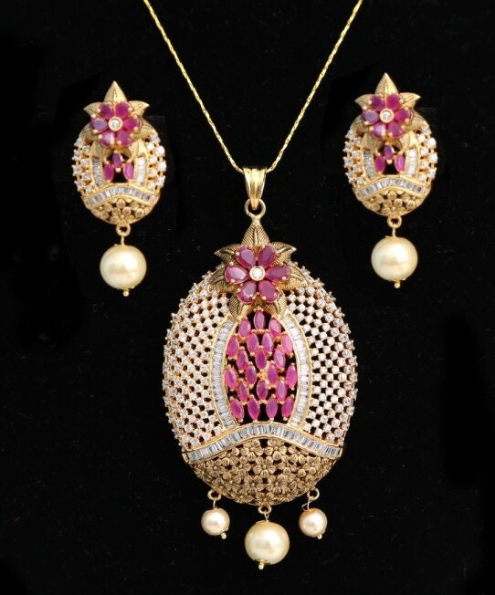 Oval Shaped American Diamond Pendant with White CZ Stone and Faux pearl for Women