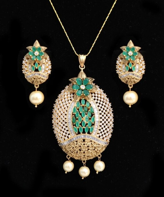 Oval Shaped American Diamond Pendant with White CZ Stone and Faux pearl for Women