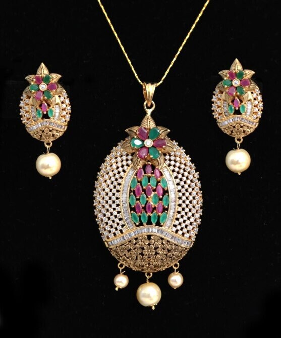 Oval Shaped American Diamond Pendant with White CZ Stone and Faux pearl for Women