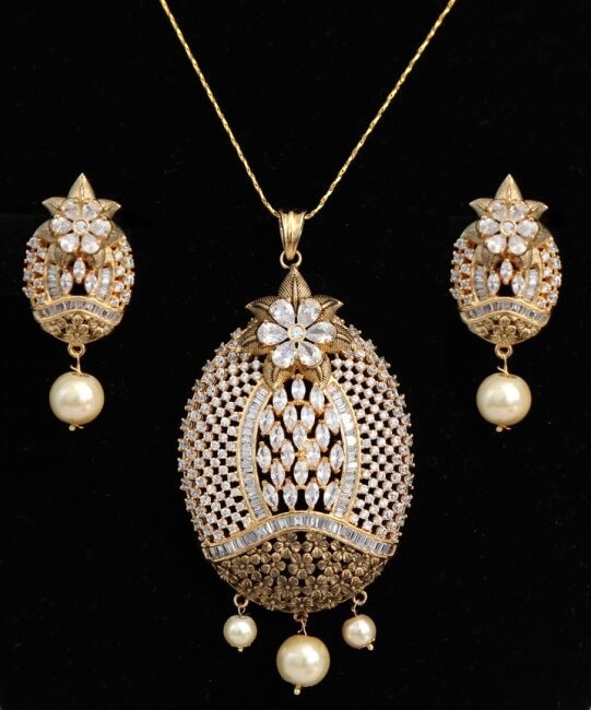 Oval Shaped American Diamond Pendant with White CZ Stone and Faux pearl for Women