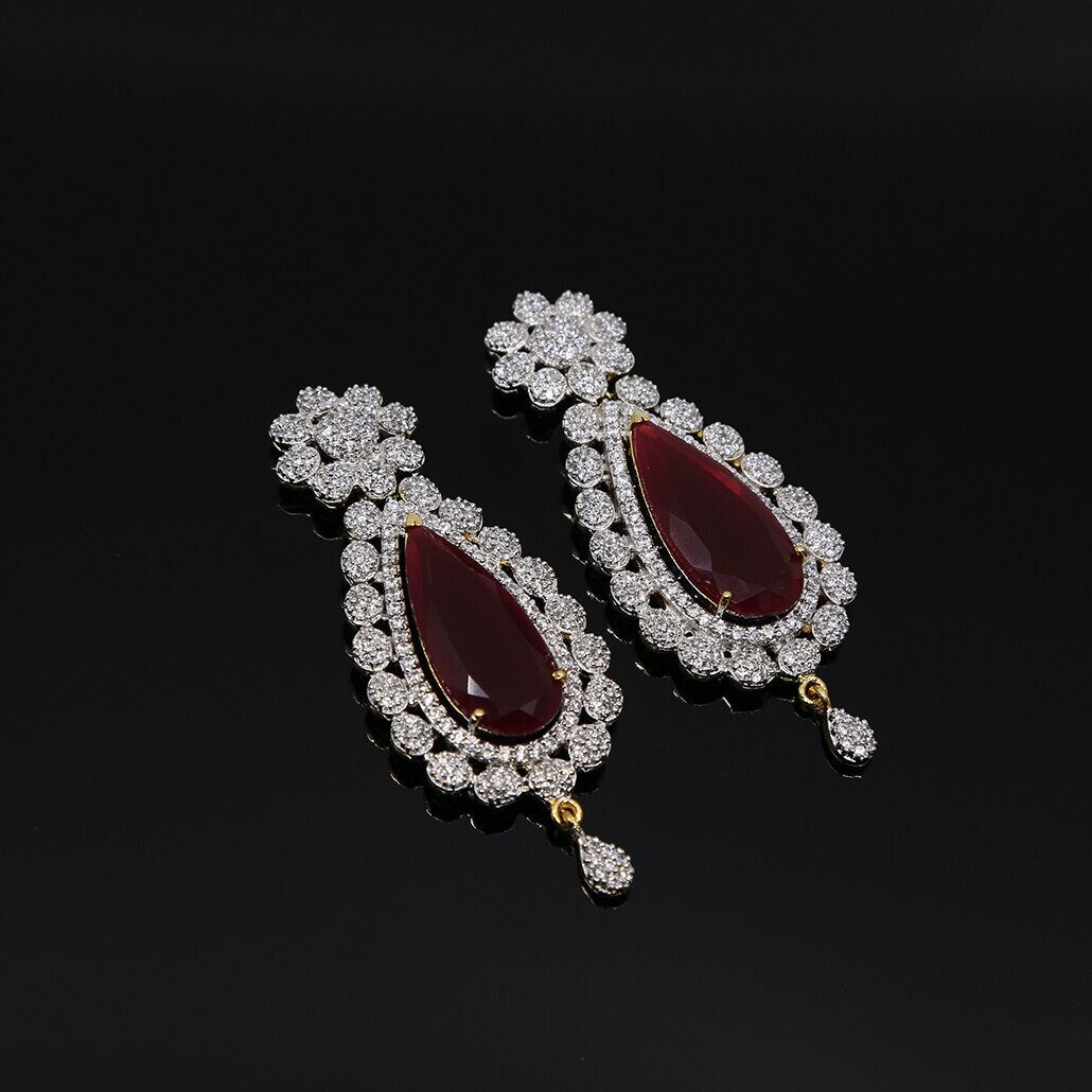 Ruby Statement AD Earrings for Women | Micro Gold Plated Bridal Dangle Earrings | Long Indian Wedding Jewelry | Party Wear CZ Stone Earrings