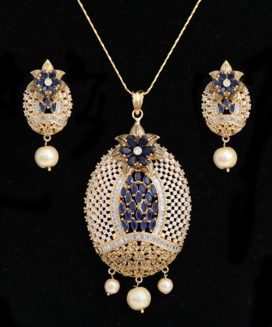 Oval Shaped American Diamond Pendant with White CZ Stone and Faux pearl for Women
