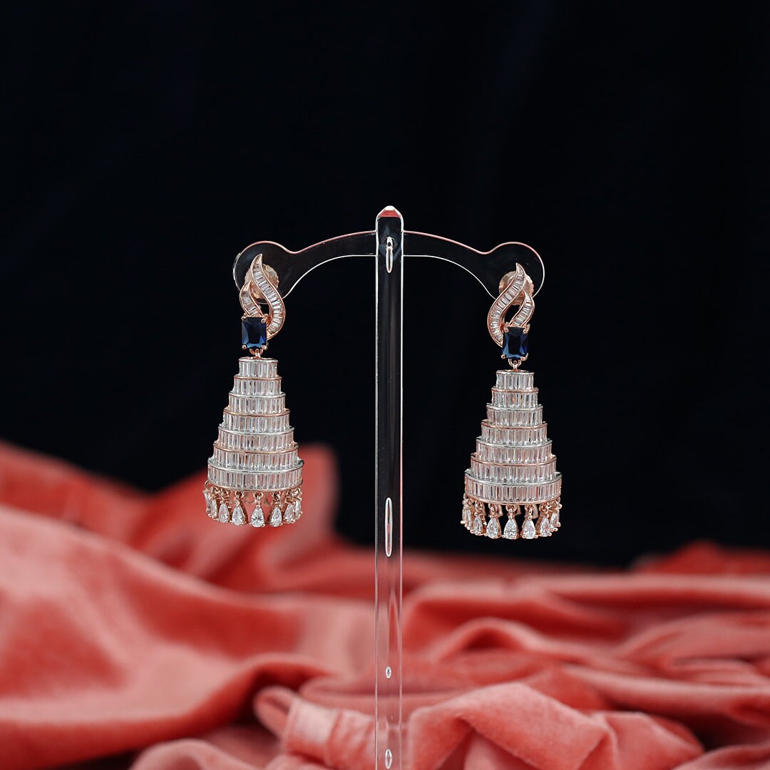 Indian Jhumki Style Big Cage Earrings| Bird Cage Long Jhumka Bell Drop Dangle|Celebrity Inspired Rose Gold Plated Diamond Earrings