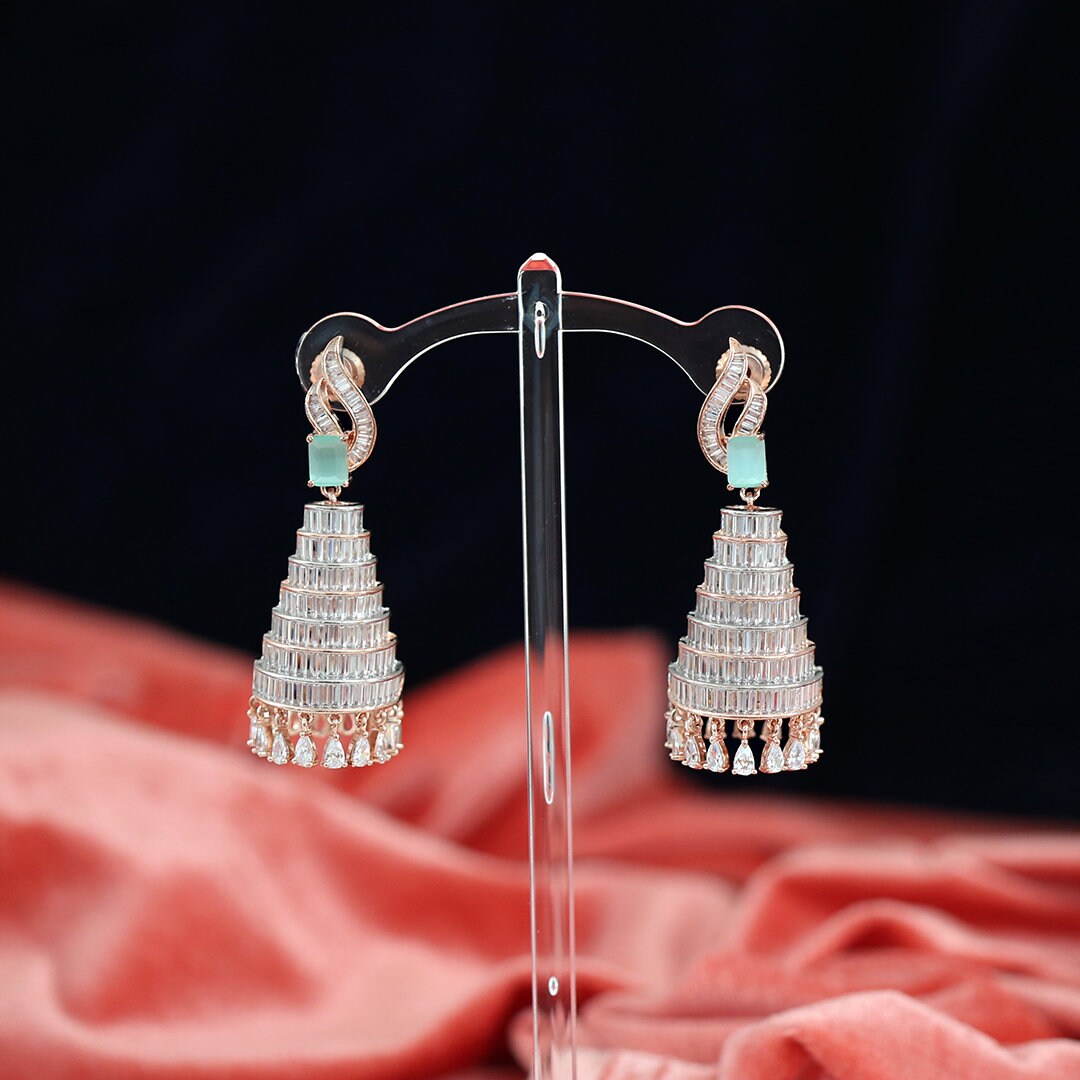 Indian Jhumki Style Big Cage Earrings| Bird Cage Long Jhumka Bell Drop Dangle|Celebrity Inspired Rose Gold Plated Diamond Earrings