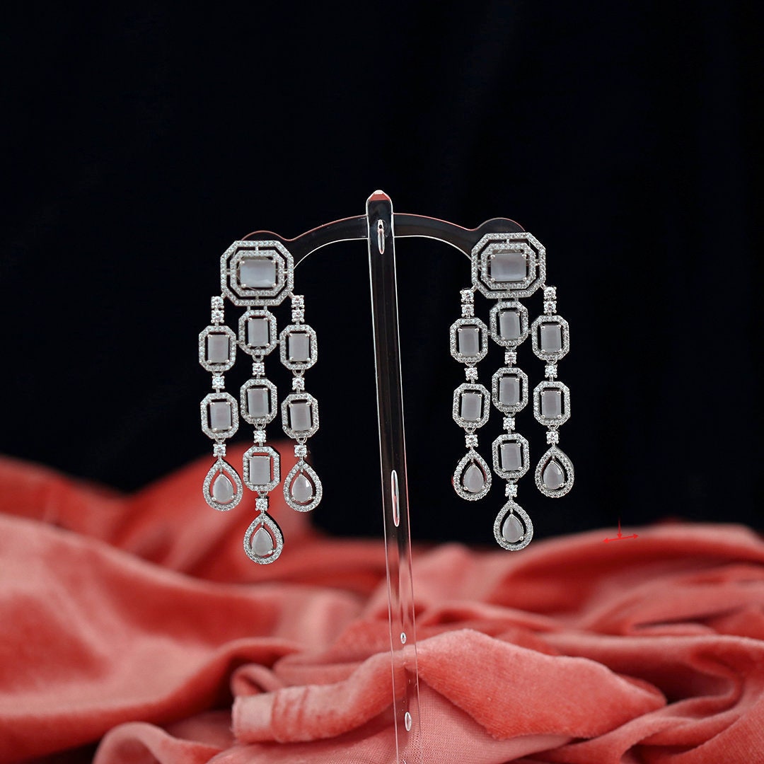 Rhodium Plated Long Dangle Cubic Zirconia Crystal Stone Pave Chandelier Tassel Wedding Earrings