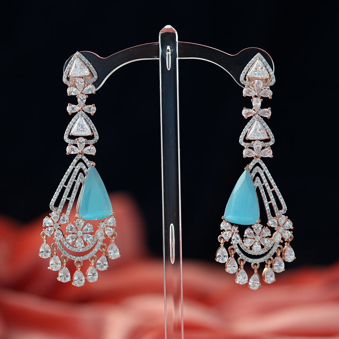 Rose Gold Emerald Chandbali Earrings| 3.5" Long CZ Diamond Floral Drop Earrings| Statement Dangle Earrings in Pink, Blue,Green| Gift for Her